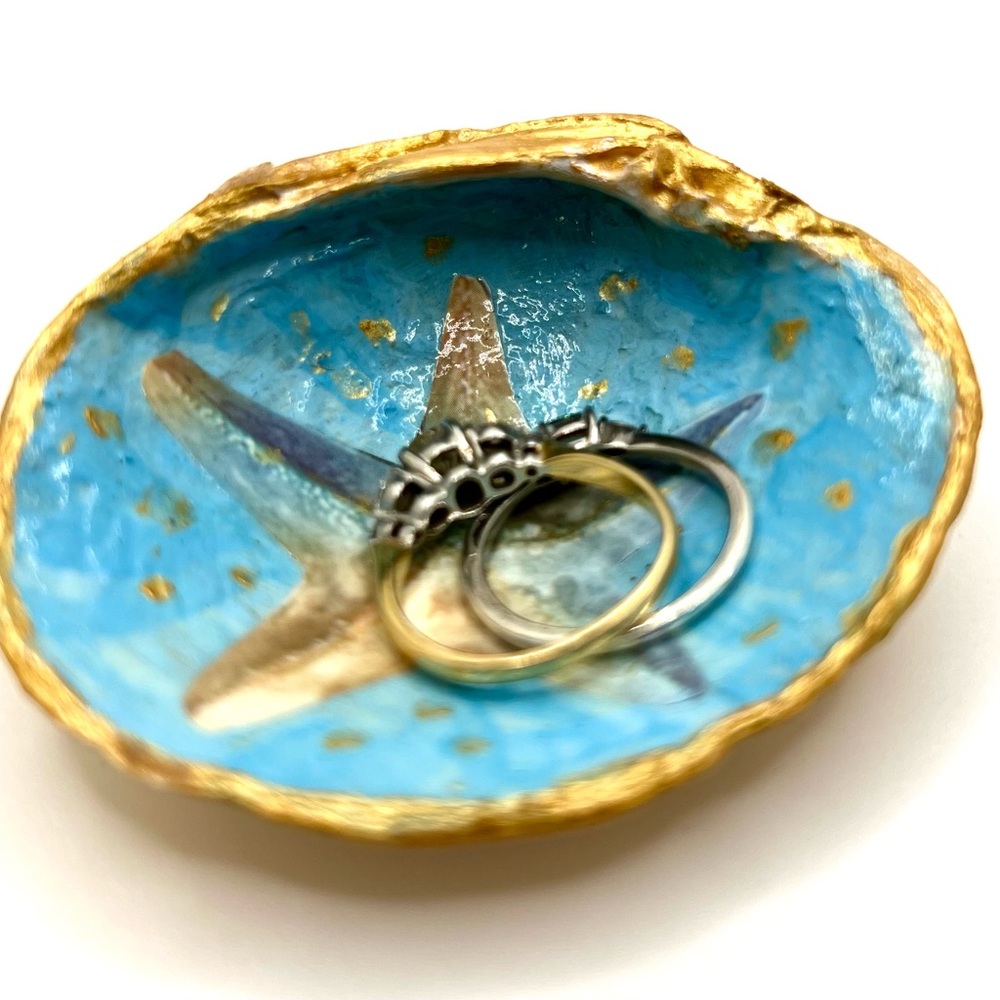 Small Handcrafted Decoupage Clam Shell Ring Dish, Trinket Dish